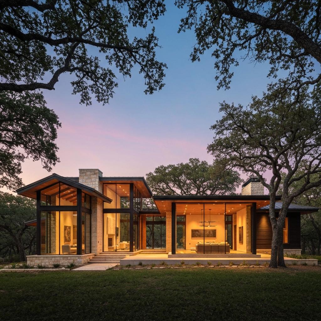 Barton Creek Home Prices Compared to Other Austin Luxury Neighborhoods. Stunning Barton Creek luxury home with glowing windows at sunset, showcasing comparative home prices in the Austin real estate market.
