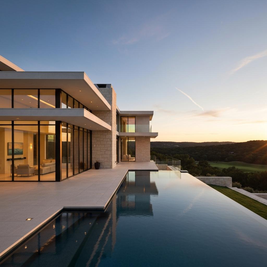 Luxurious modern Barton Creek home with an infinity pool overlooking the Texas Hill Country at sunset, illustrating the market for Barton Creek home prices.