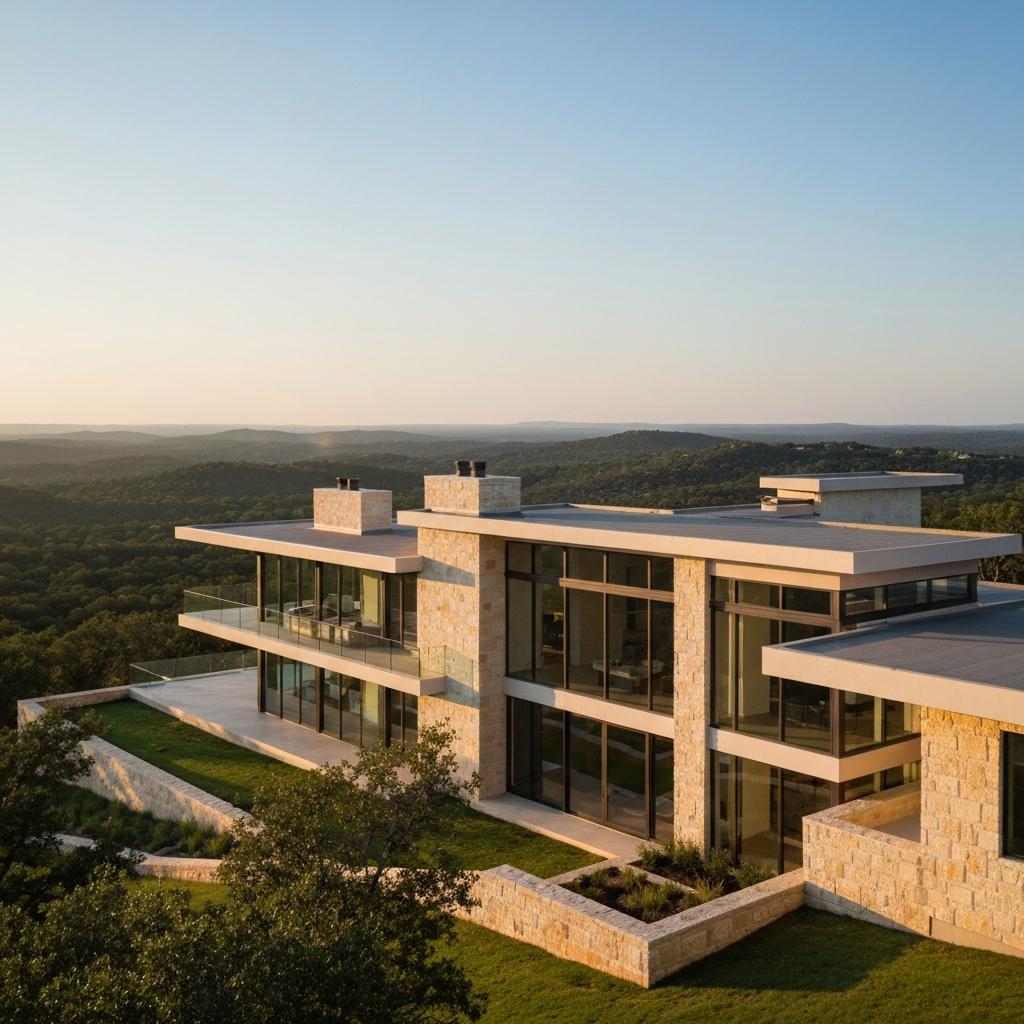Is Now a Good Time to Buy a Home in Barton Creek Austin? A magnificent contemporary luxury home nestled in the rolling Texas Hill Country of Barton Creek, Austin, glowing in the warm golden hour light.