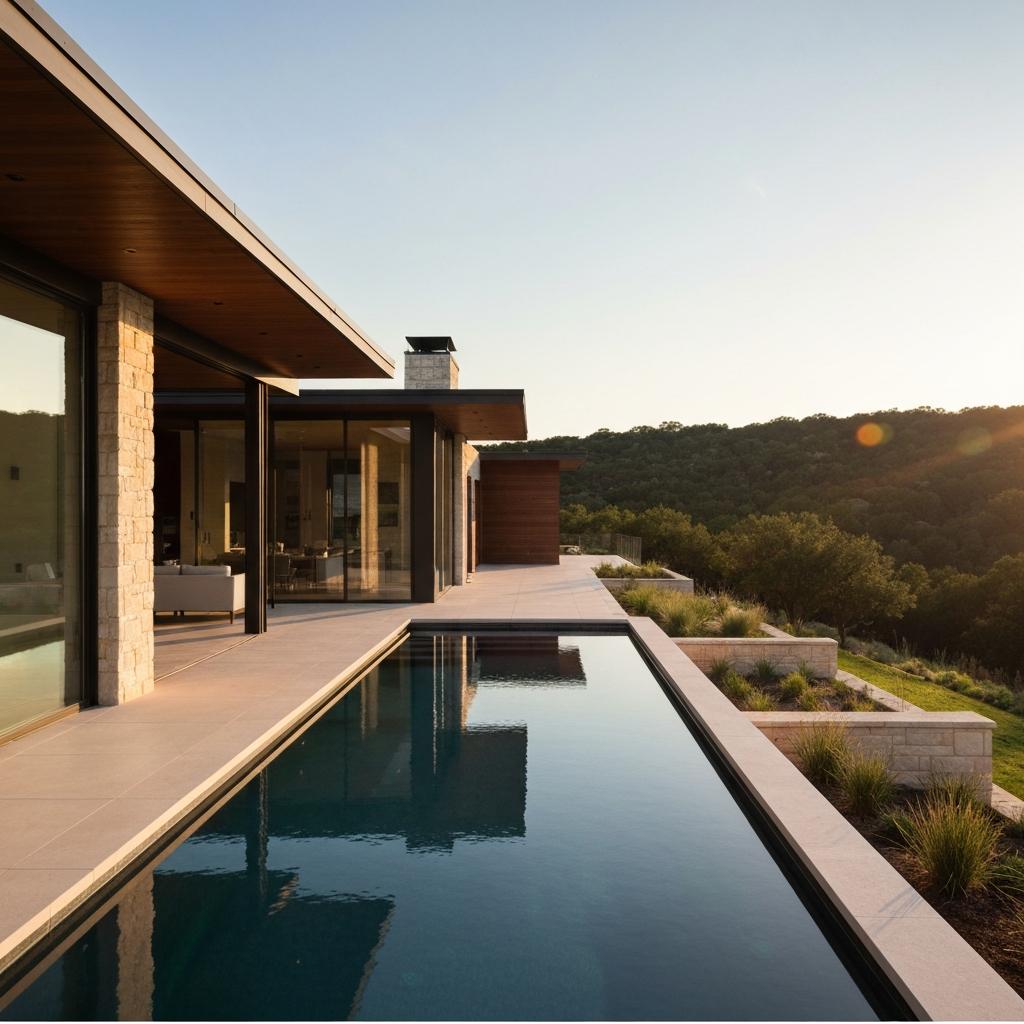 Is Now a Good Time to Buy a Home in Barton Creek Austin? Stunning modern luxury home with a negative-edge pool at sunset, nestled in the scenic Texas Hill Country of Barton Creek, Austin, Texas.