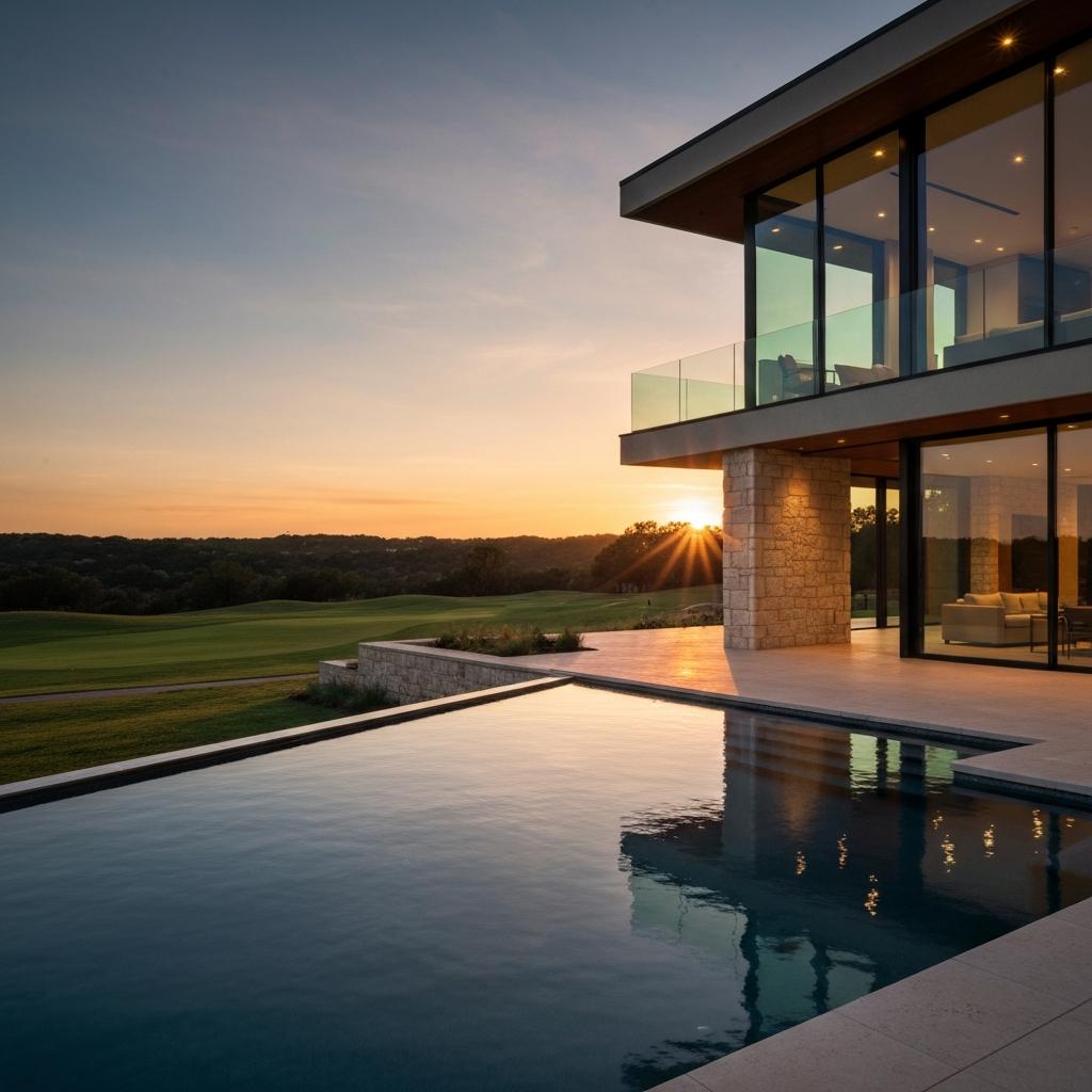 What is the Average Time on Market for Houses in Barton Creek?  Photorealistic modern luxury home in Barton Creek, Austin with an infinity pool at golden hour, representing the time on market for local real estate.